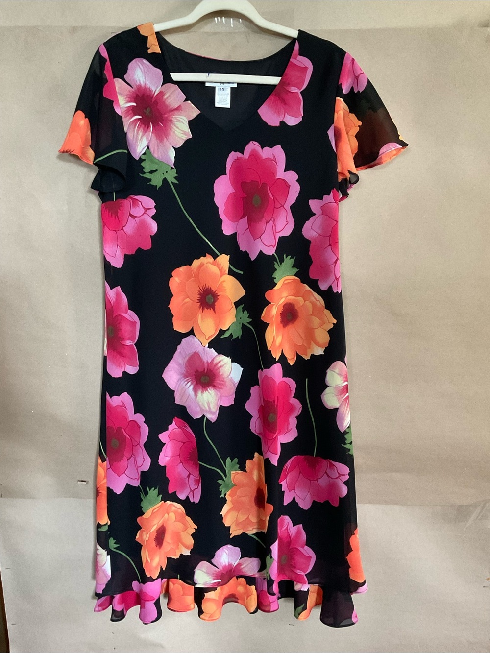 Miss Dorby Black Floral V-Neck Dress with Pink & Orange Blooms. Midi. Size 14